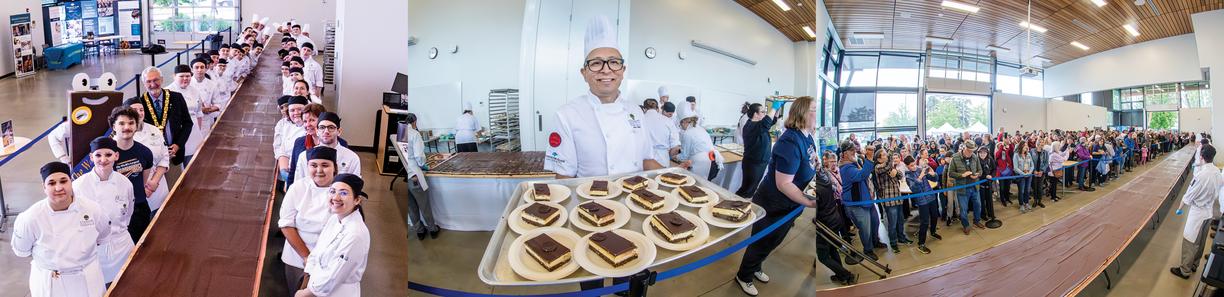 Culinary students and instructors showing off a 70-foot long Nanaimo bar.